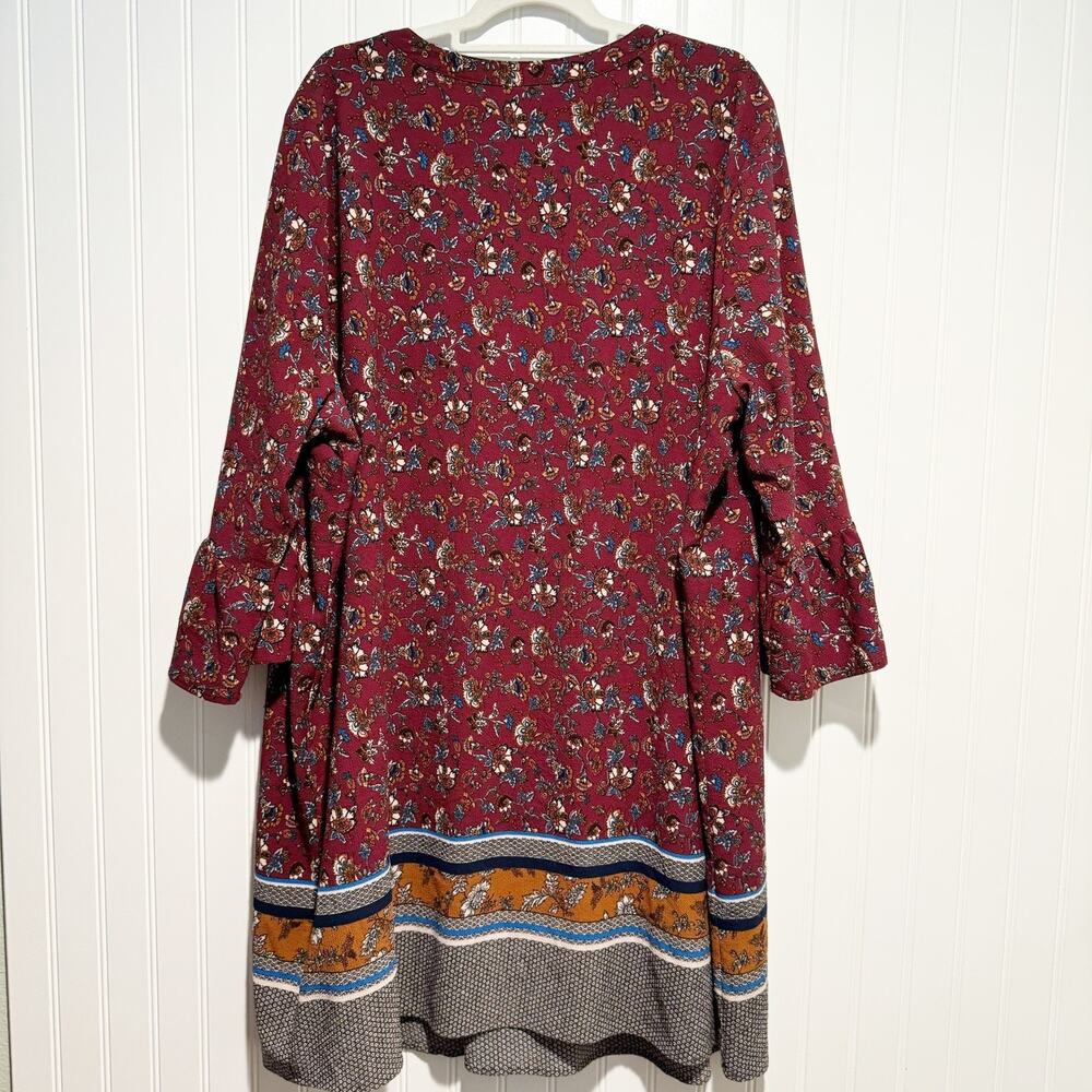 Skies Are Blue Maroon Floral Midi Dress Pintucked Split Neck Plus Size 3X - Picture 7 of 7